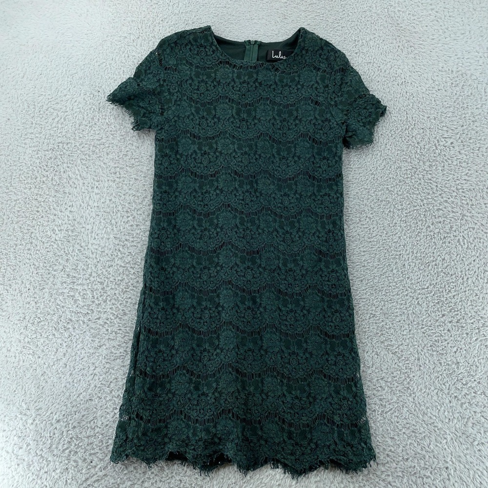 Lulus Dress Women's XS Green Lace Shift Short Sleeve Scallop Hem Lined Back Zip